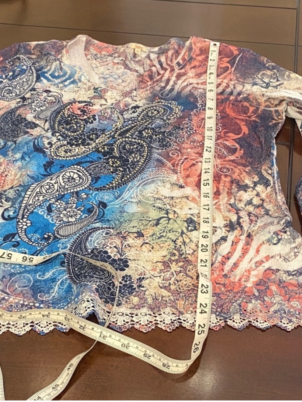 Reba Paisley Lace Hem Tunic Top Blue Pink Boho Size Large Made in USA - Picture 9 of 9